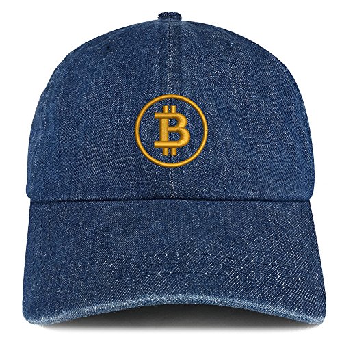 Trendy Apparel Shop Bitcoin Embroidered 100  Cotton Denim Cap Dad Hat - Dark Blue