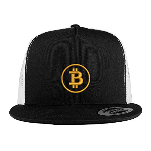 Trendy Apparel Shop Bitcoin Embroidered 5 Panel Flat Bill 2-Tone Trucker Mesh Cap - Black White