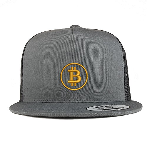 Trendy Apparel Shop Bitcoin Embroidered 5 Panel Flat Bill Trucker Mesh Back Cap - Charcoal