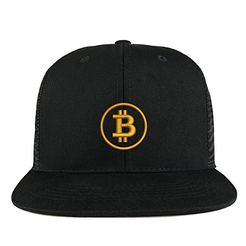 Trendy Apparel Shop Bitcoin Embroidered Cotton Flat Bill Mesh Back Trucker Cap - Black