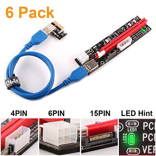 Ubit 6 Pack Latest PCI-E Riser Express Cable 16X TO 1X (6pin MOLEX SATA) With Led Graphics Extension Ethereum ETH Mining Powered Riser Adapter Card 60cm USB 3 0 Cable