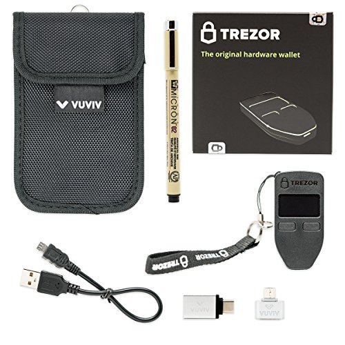 VUVIV Trezor Black Bitcoin Wallet Bundle With RFID Pouch  2 USB Adapters for Greater Connectivity   1 Sakura Archival Ink Pen for Recovery Seed Sheet (5 items)