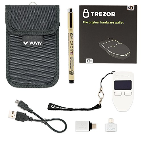 VUVIV Trezor White Bitcoin Wallet Bundle With RFID Pouch  2 USB Adapters for Greater Connectivity   1 Sakura Archival Ink Pen for Recovery Seed Sheet (5 items)